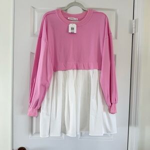 NWT In The Beginning Pink and White Baby Doll Top Dress Size M/L